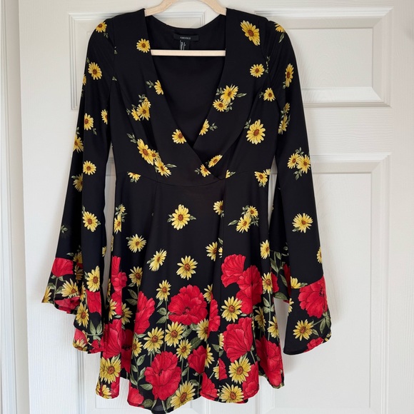 Forever 21 Dresses & Skirts - Forever 21 Black Long Sleeve Floral Wrap Dress with Red & Yellow Flowers